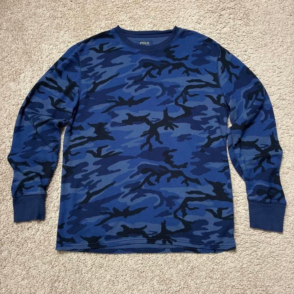 Polo Ralph Lauren Blue Camo Waffle Knit Thermal Long Sleeve Shirt Size Medium